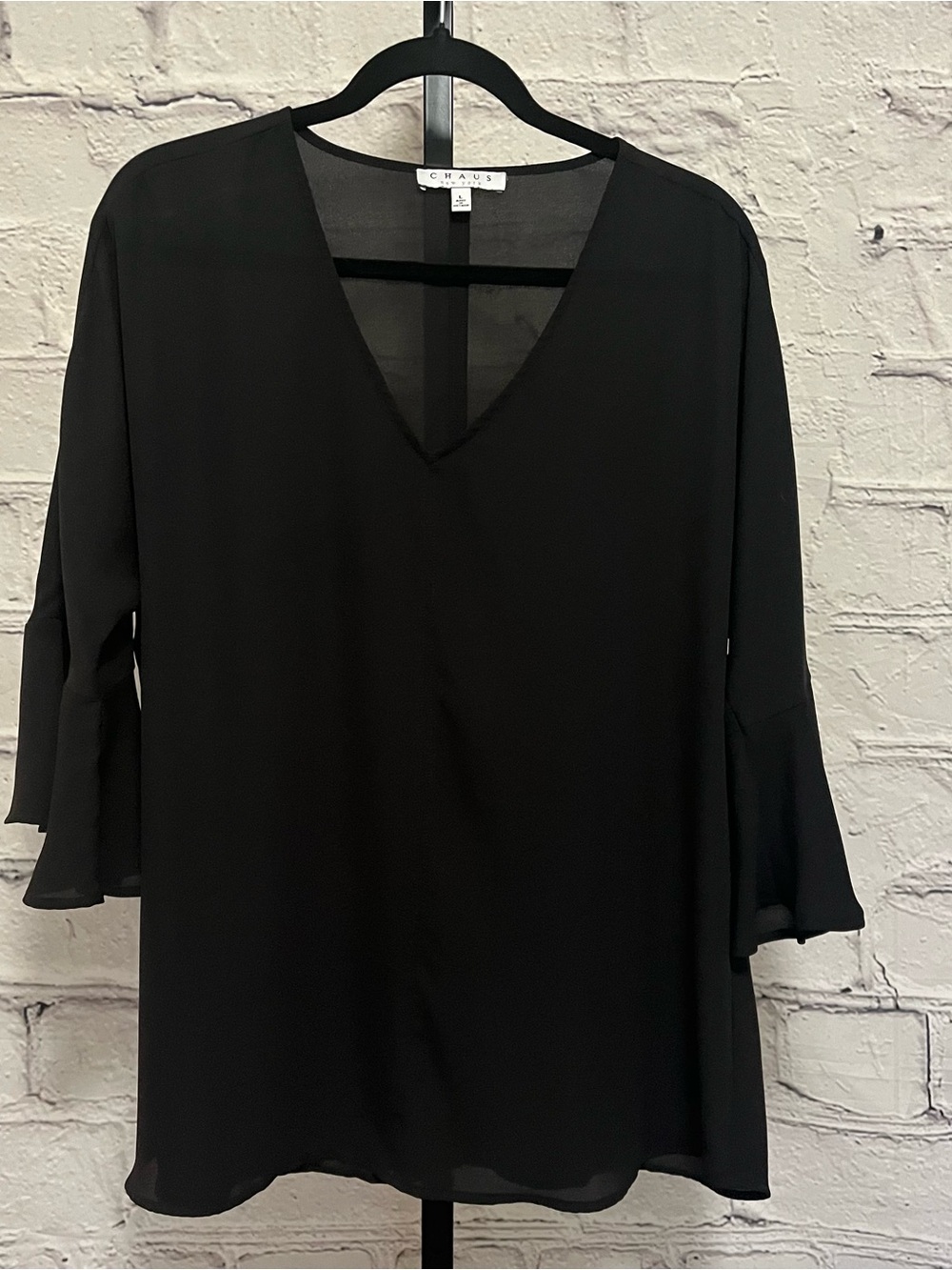 Chaus New York Black V-Neck Flounce Sleeve Blouse